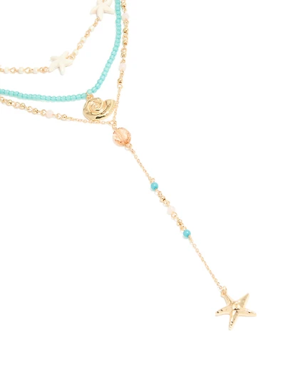 Collier en Y en couches de coquillage bleu bleu doré et étoile de mer
