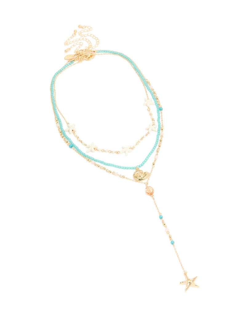 Collier en Y en couches de coquillage bleu bleu doré et étoile de mer