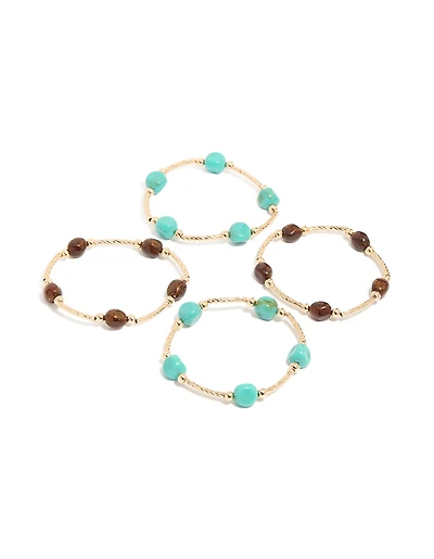 Gold Brown & Turquoise Beaded  Thin Connector Bracelets 4-Pack