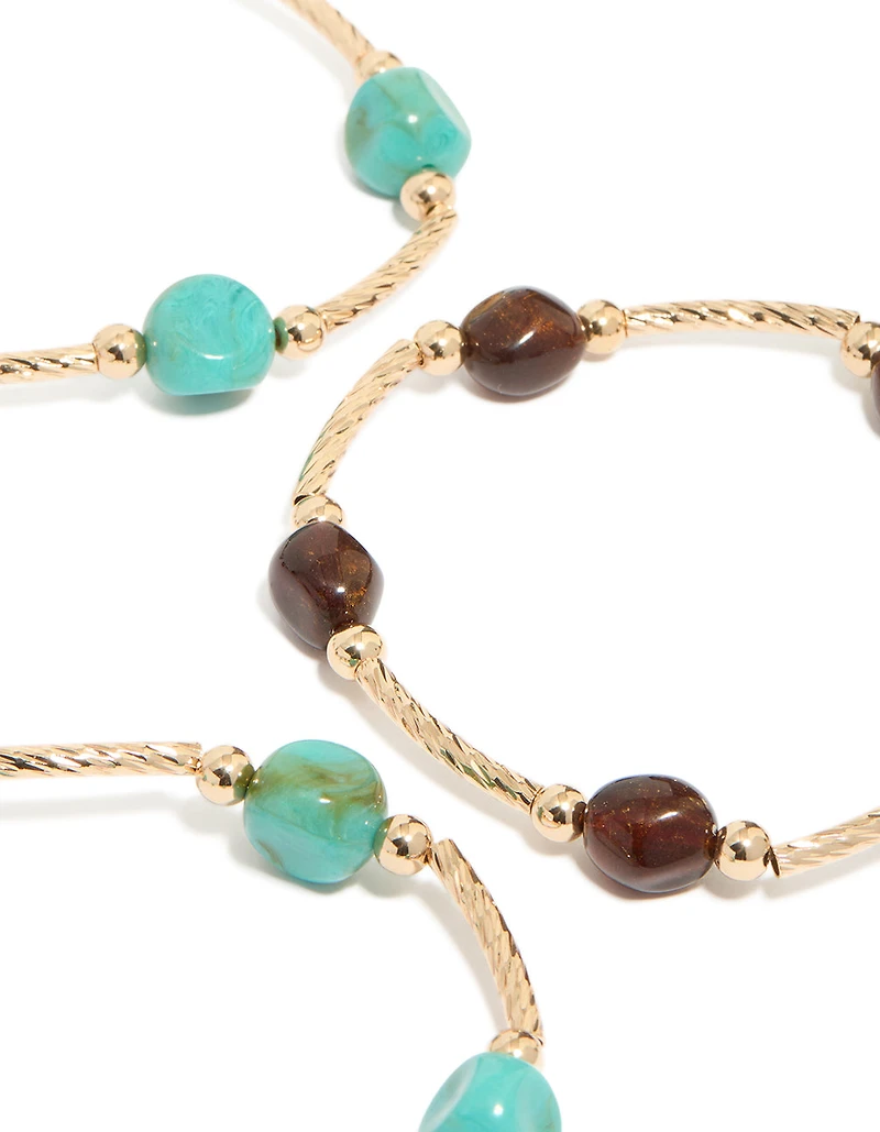 Gold Brown & Turquoise Beaded  Thin Connector Bracelets 4-Pack