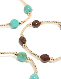 Gold Brown & Turquoise Beaded  Thin Connector Bracelets 4-Pack