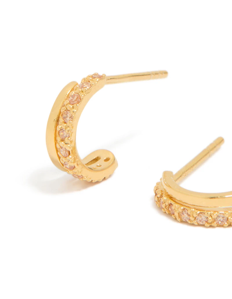 Gold Plated Sterling Silver Cubic Zirconia Double Hoop Huggie Earrings