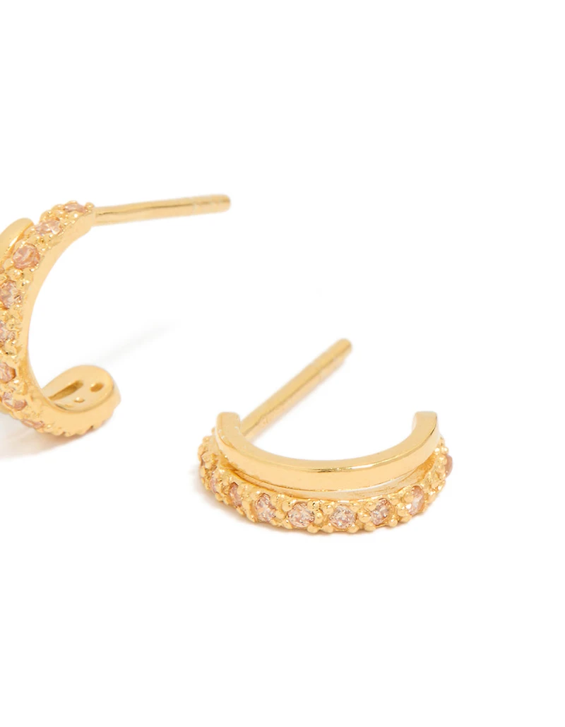 Gold Plated Sterling Silver Cubic Zirconia Double Hoop Huggie Earrings