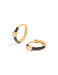 Boucles d’oreilles Huggie en zircone cubique en argent sterling plaquées or et en émail noir