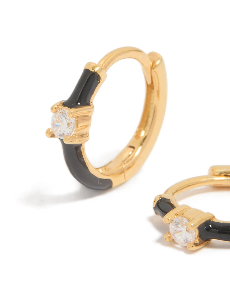 Boucles d’oreilles Huggie en zircone cubique en argent sterling plaquées or et en émail noir