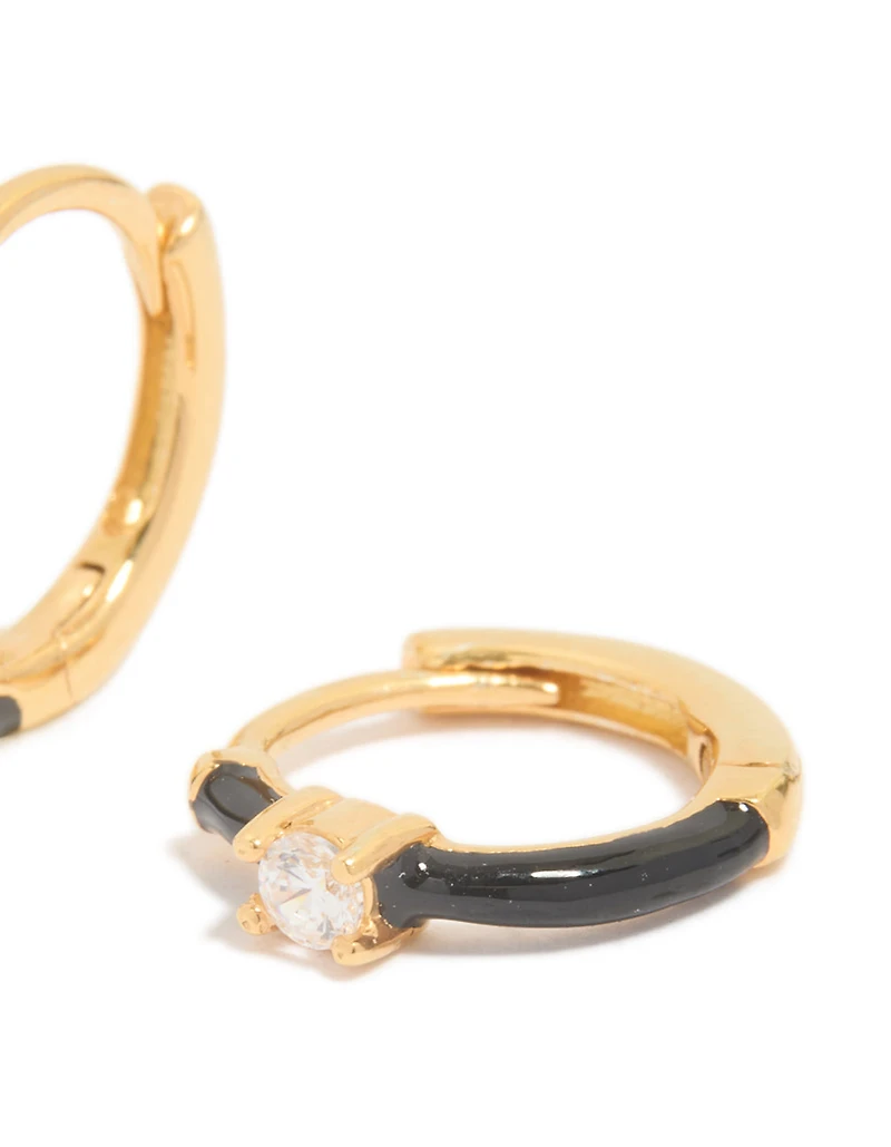 Boucles d’oreilles Huggie en zircone cubique en argent sterling plaquées or et en émail noir
