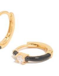 Boucles d’oreilles Huggie en zircone cubique en argent sterling plaquées or et en émail noir