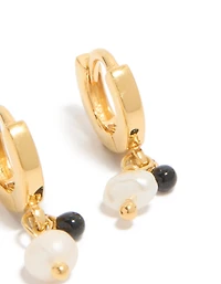 Gold Plated Sterling Silver & Pearl Drop Huggie Earrings