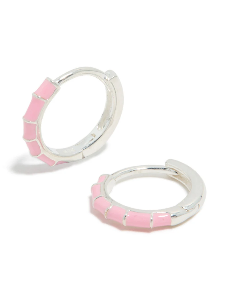 Sterling Silver Pink Enamel Bamboo Huggie Earrings