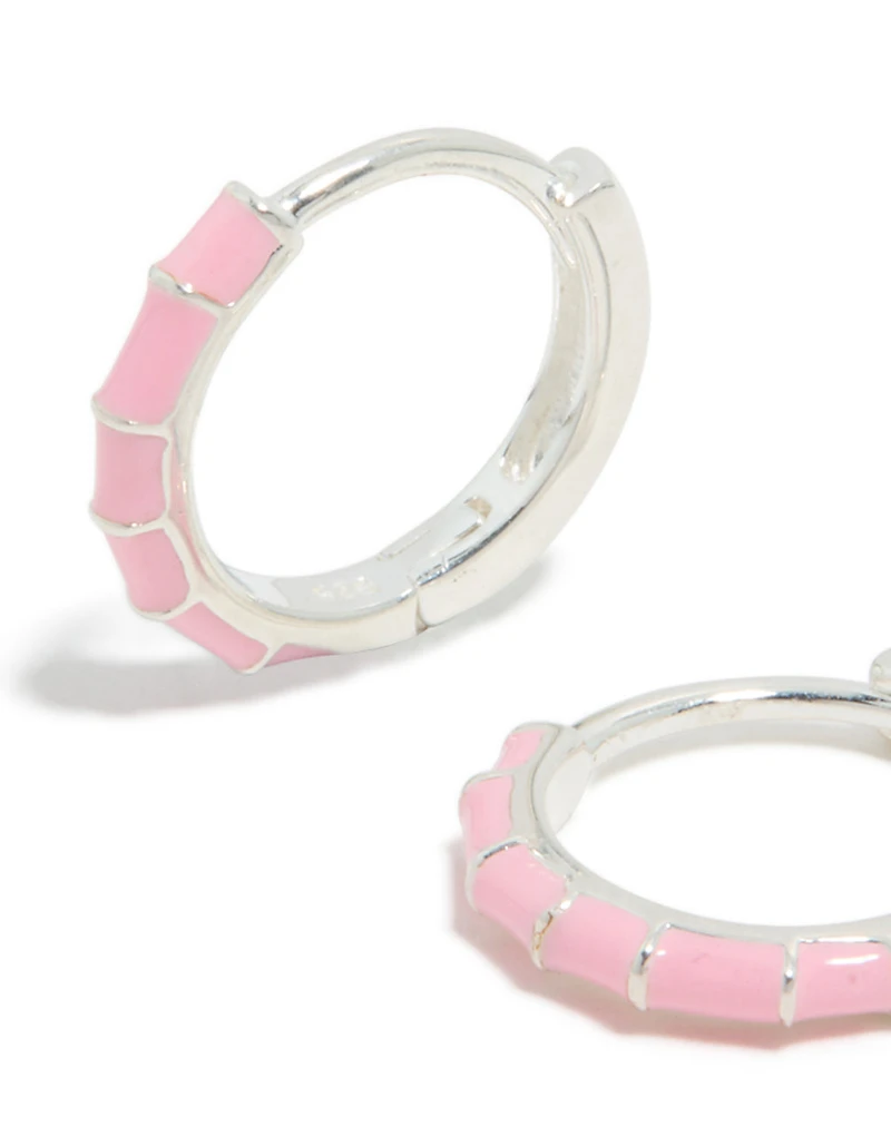 Sterling Silver Pink Enamel Bamboo Huggie Earrings