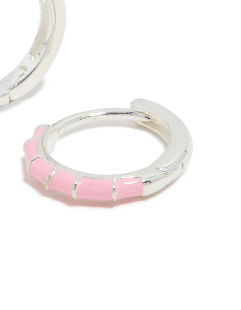 Sterling Silver Pink Enamel Bamboo Huggie Earrings