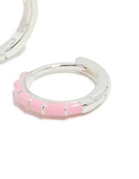 Sterling Silver Pink Enamel Bamboo Huggie Earrings