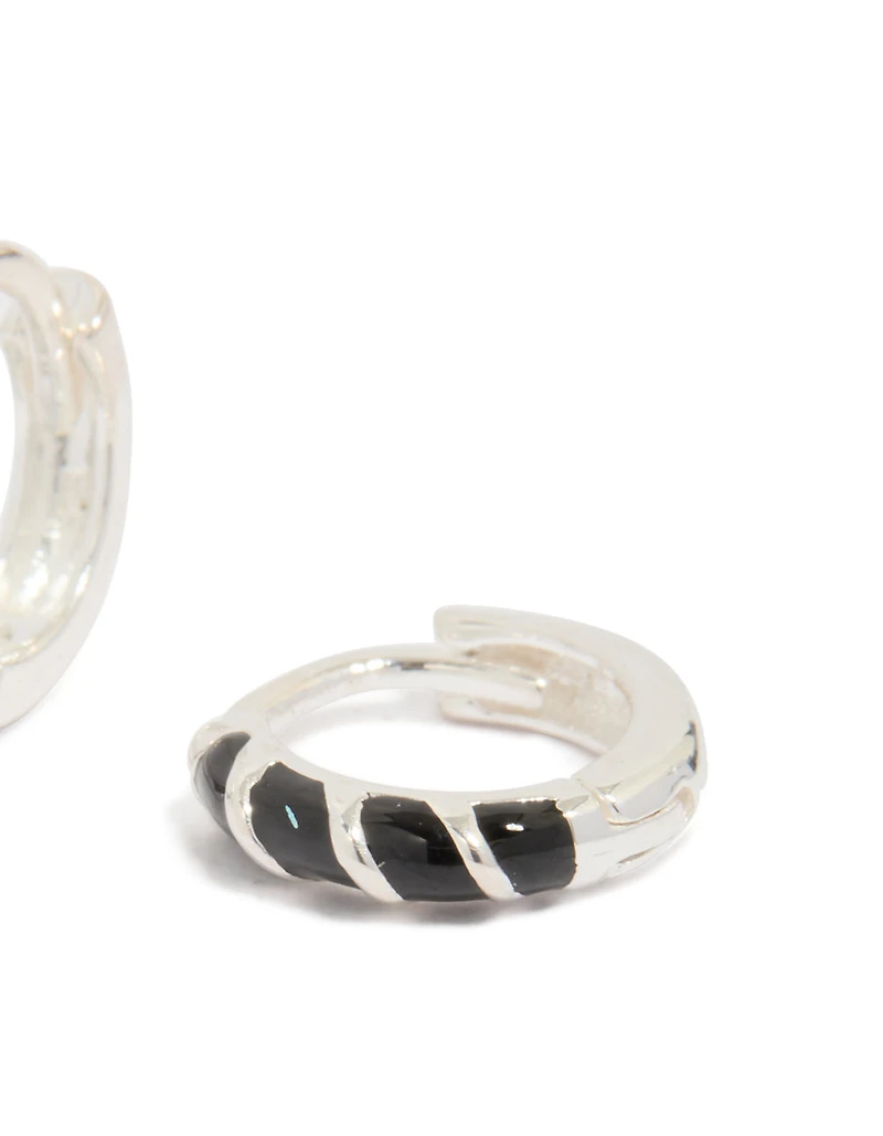 Sterling Silver Black Striped Enamel Huggie Earrings