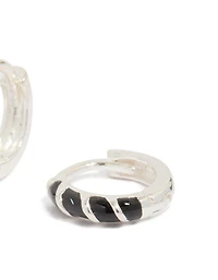Sterling Silver Black Striped Enamel Huggie Earrings