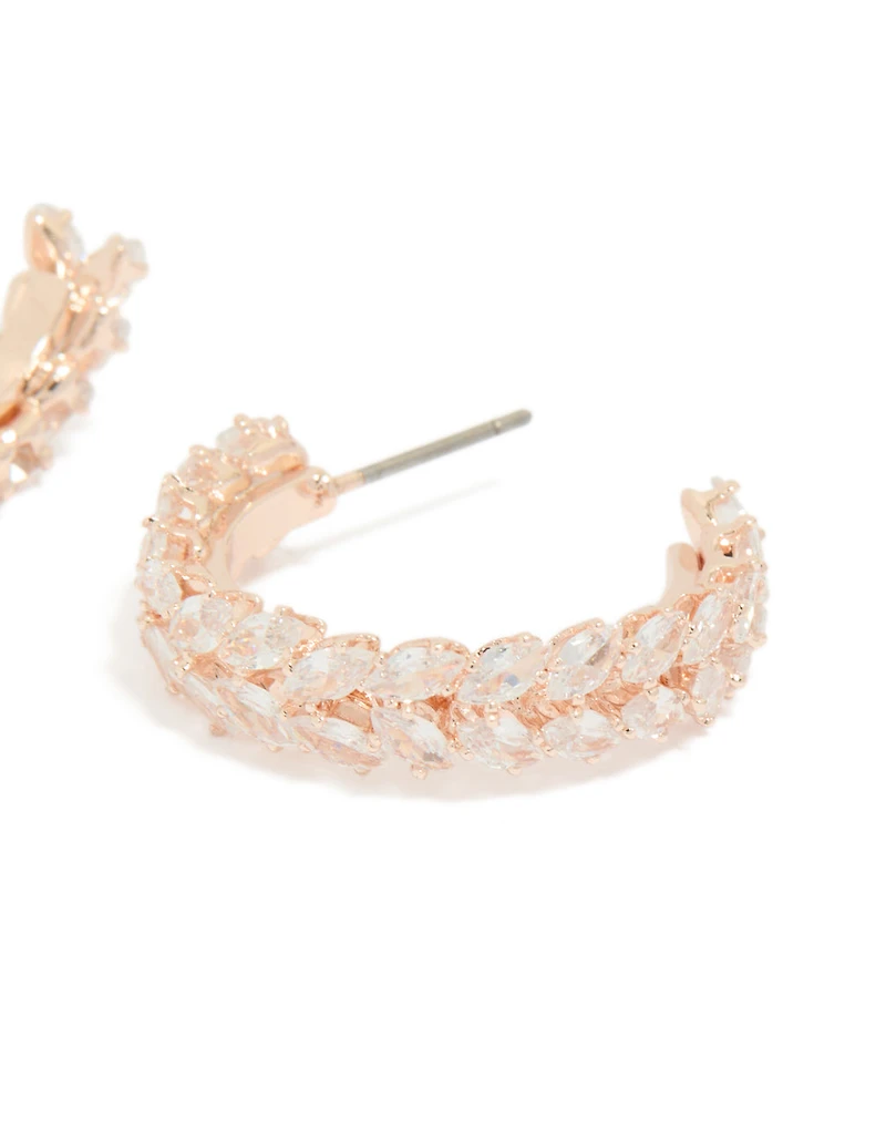 Rose Gold Plated Cubic Zirconia Medium Leaf Hoop Earrings