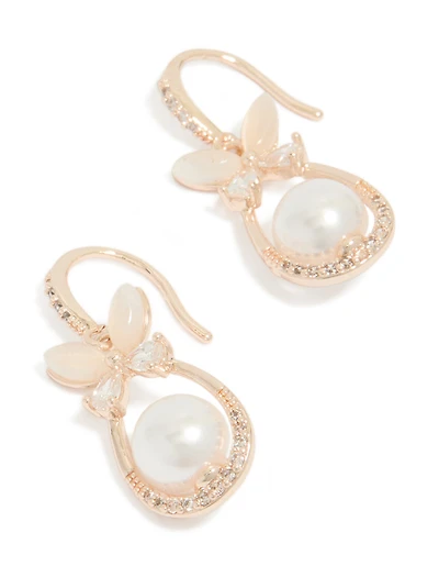 Rose Gold Plated Cubic Zirconia Pearl & Butterfly Oval Hook Earrings