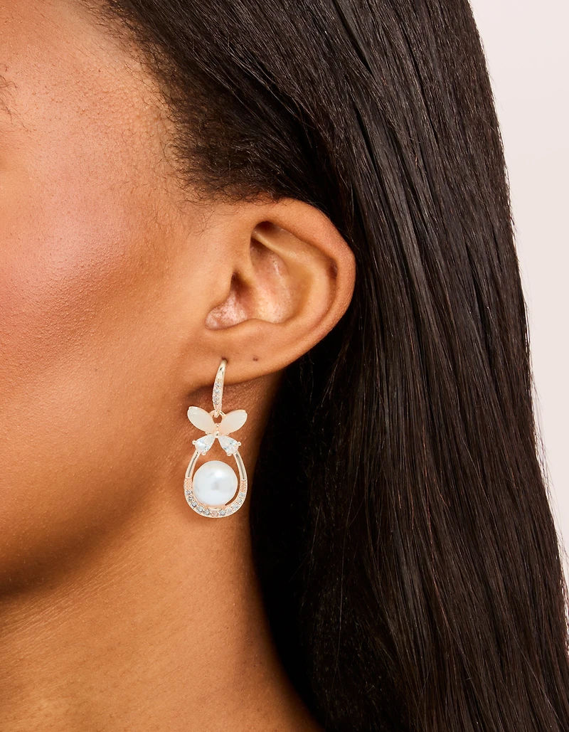 Rose Gold Plated Cubic Zirconia Pearl & Butterfly Oval Hook Earrings