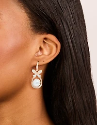 Rose Gold Plated Cubic Zirconia Pearl & Butterfly Oval Hook Earrings