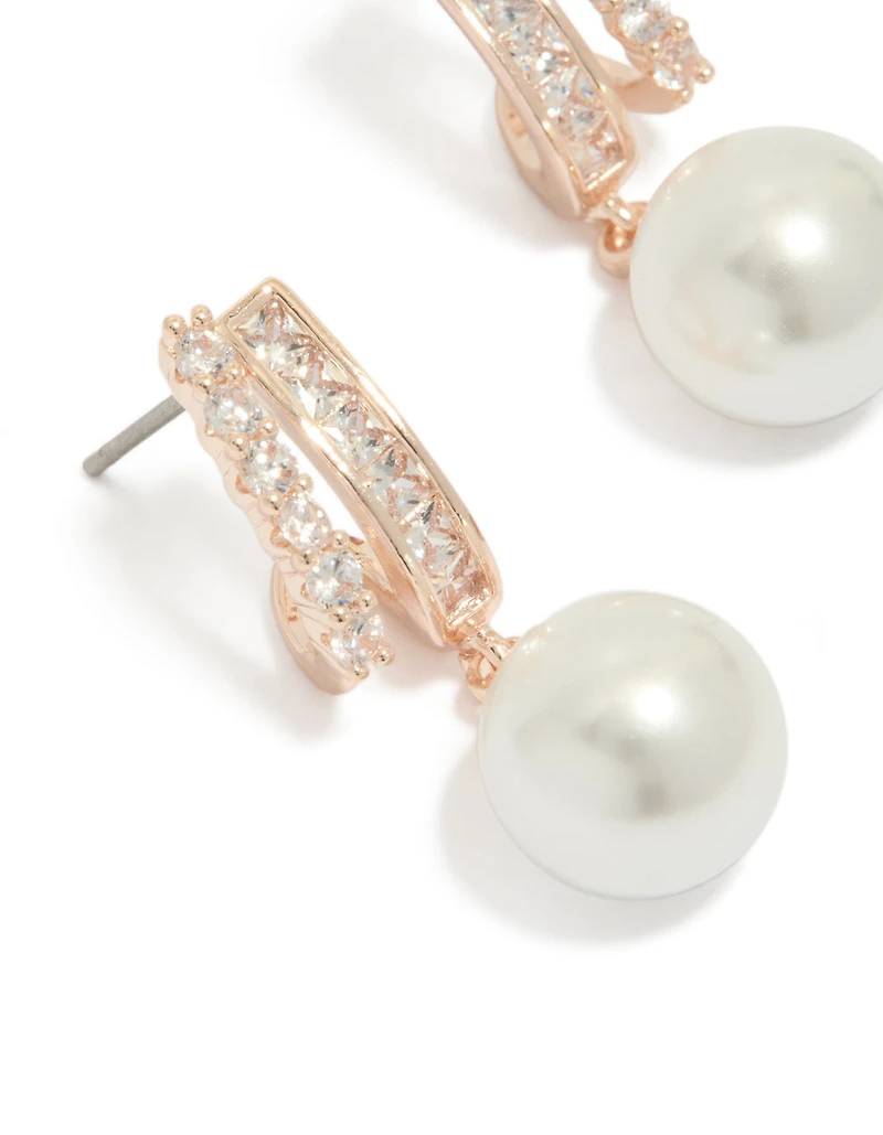 Rose Gold Plated Cubic Zirconia Illusion Pearl Drop Earrings