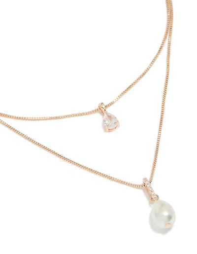 Rose Gold Plated Cubic Zirconia & Pearl Double Layered Necklace