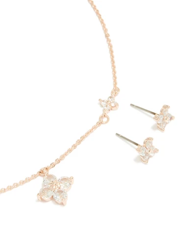 Rose Gold Plated Cubic Zirconia Cross Earrings & Necklace Set