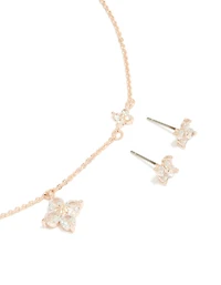 Rose Gold Plated Cubic Zirconia Cross Earrings & Necklace Set