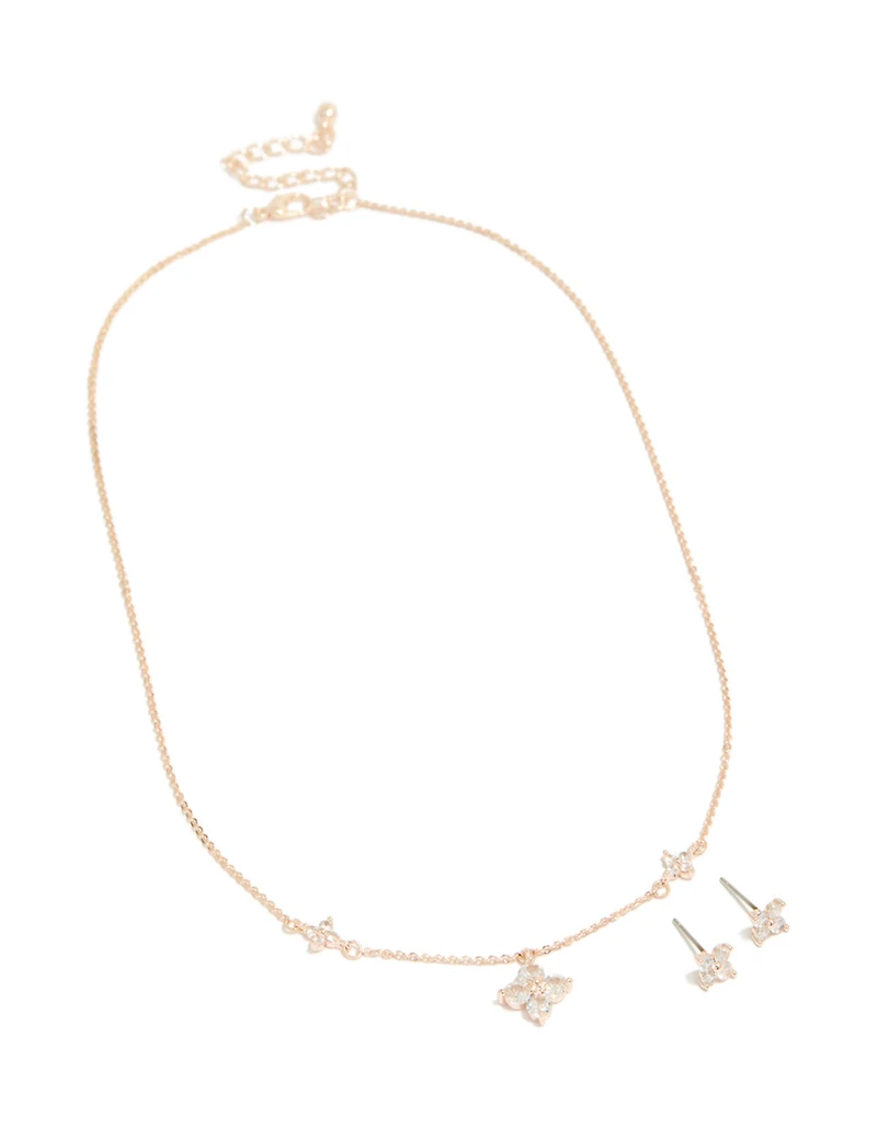 Rose Gold Plated Cubic Zirconia Cross Earrings & Necklace Set