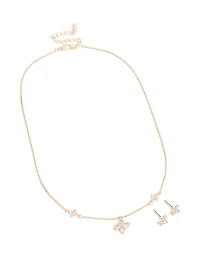 Rose Gold Plated Cubic Zirconia Cross Earrings & Necklace Set