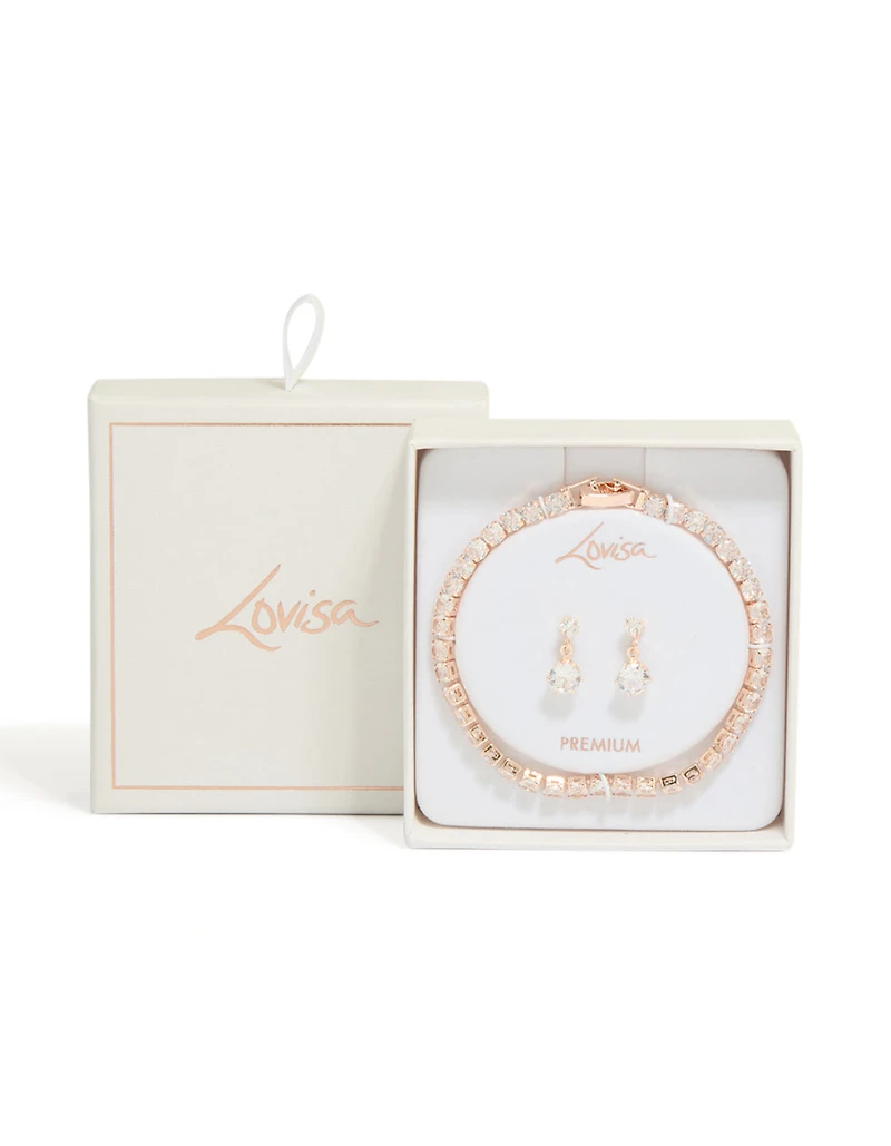 Rose Gold Plated Round Cubic Zirconia Drop Earrings & Tennis Bracelet Set