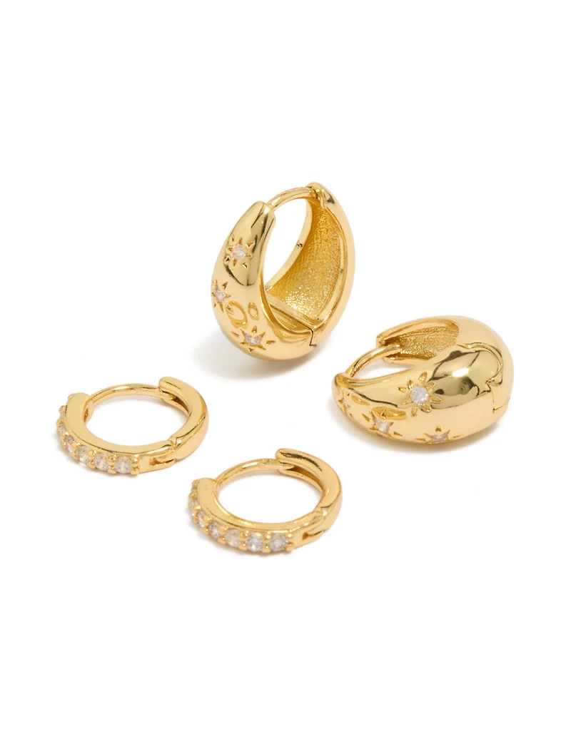 Gold Plated Brass Fine Cubic Zirconia & Star Teardrop Huggie Earrings 2-Pack