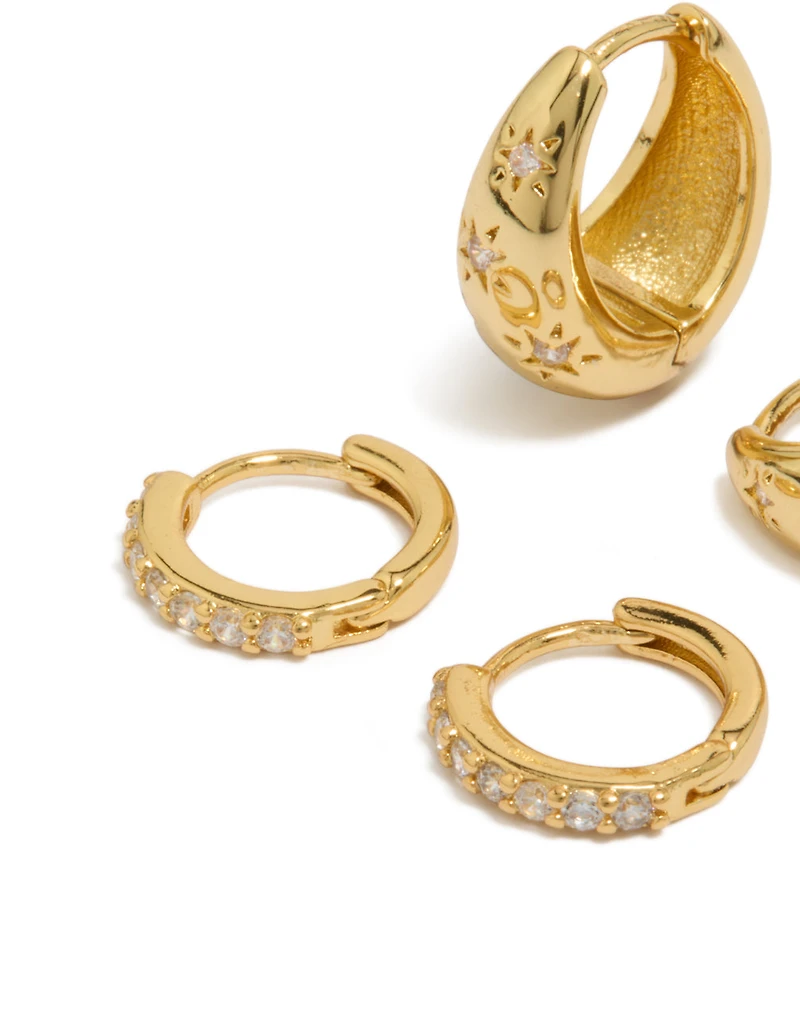 Gold Plated Brass Fine Cubic Zirconia & Star Teardrop Huggie Earrings 2-Pack