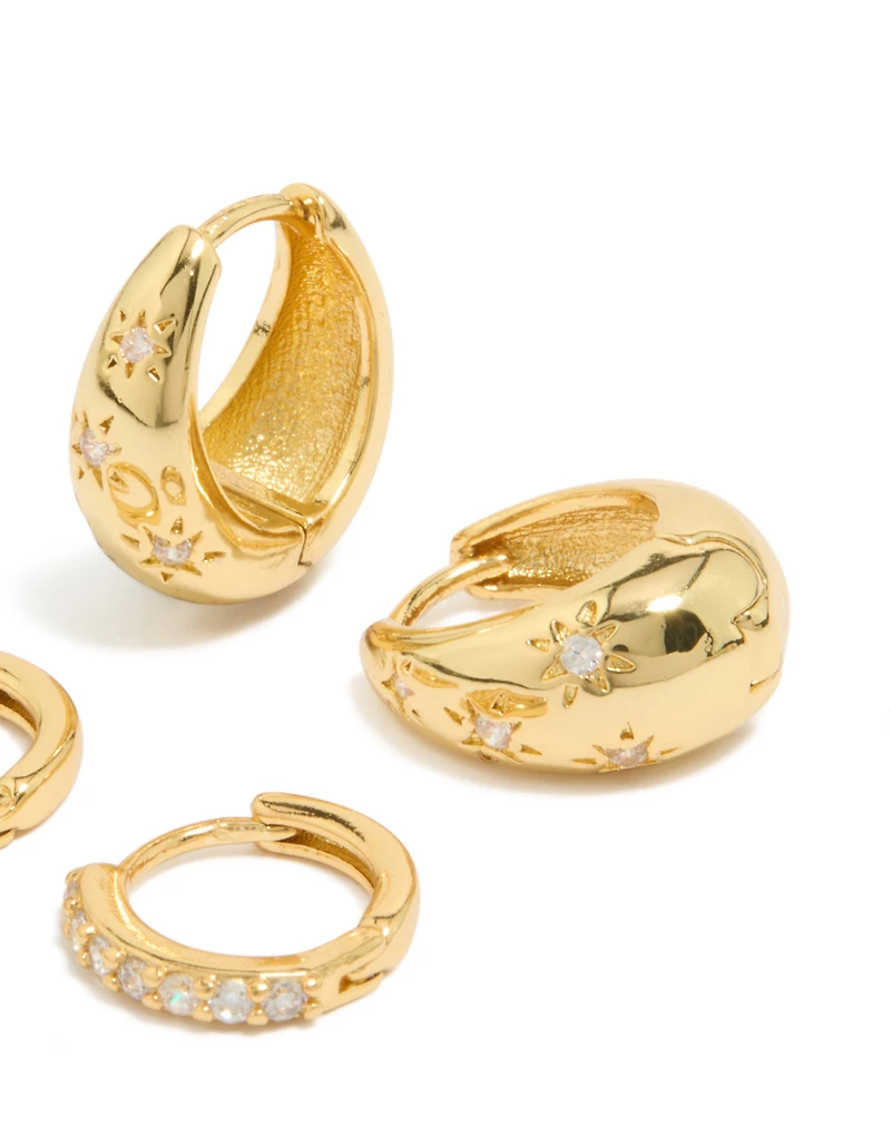 Gold Plated Brass Fine Cubic Zirconia & Star Teardrop Huggie Earrings 2-Pack