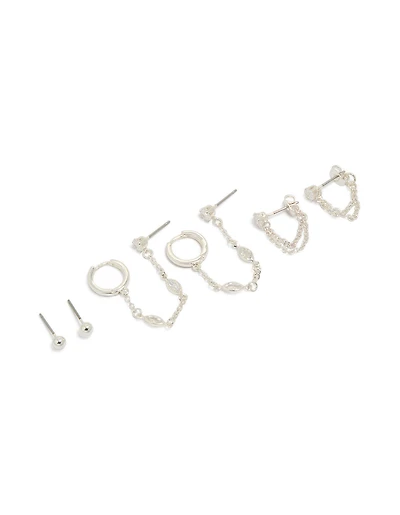 Silver Plated Brass Chain & Stud Earrings 4-Pack
