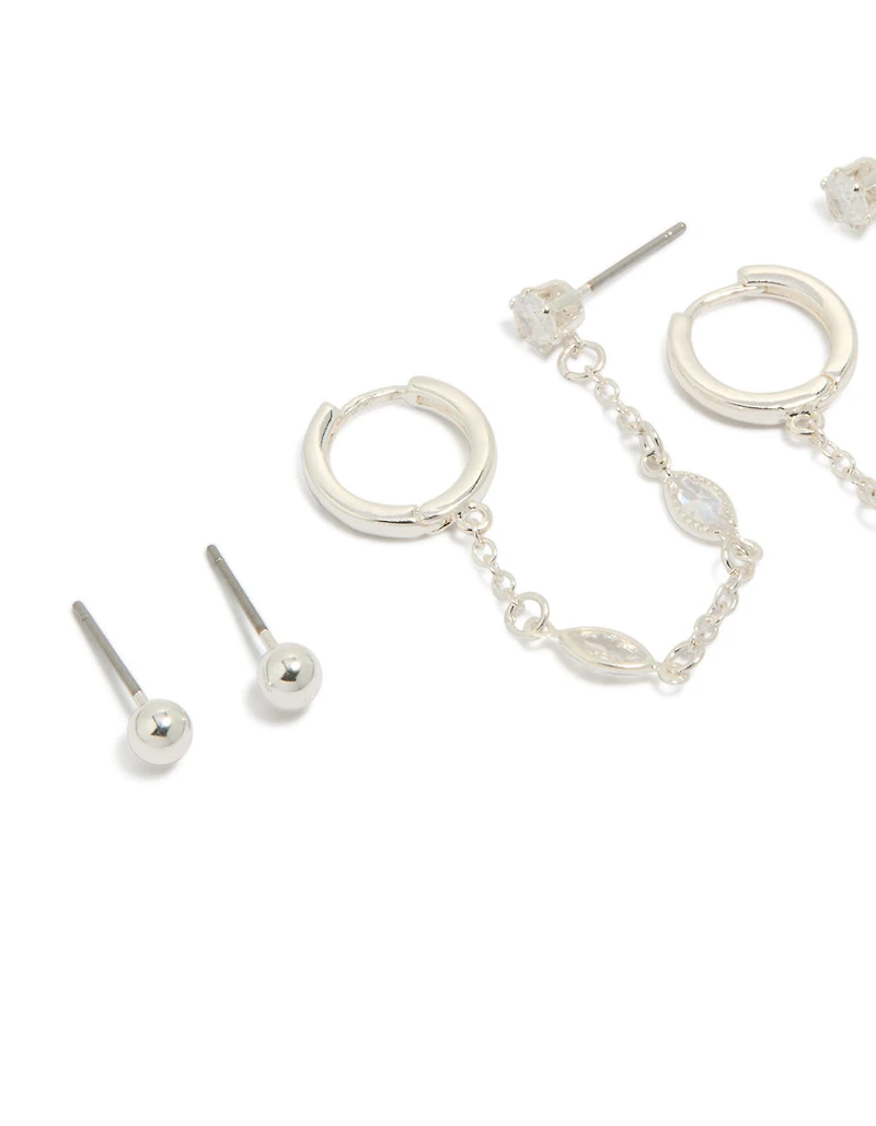 Silver Plated Brass Chain & Stud Earrings 4-Pack