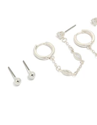 Silver Plated Brass Chain & Stud Earrings 4-Pack