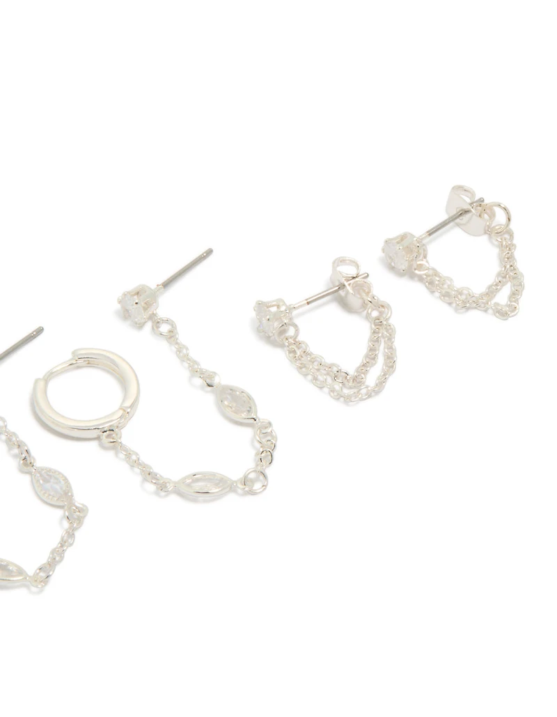 Silver Plated Brass Chain & Stud Earrings 4-Pack