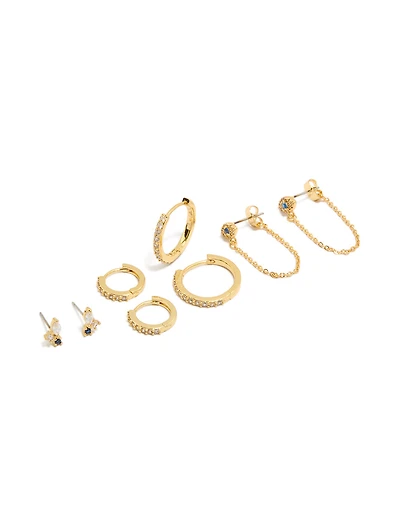 Gold Plated Brass Blue Cubic Zirconia Evil Eye Chain & Huggie Earrings 4-Pack