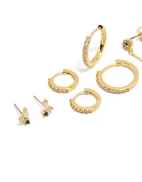 Gold Plated Brass Blue Cubic Zirconia Evil Eye Chain & Huggie Earrings 4-Pack
