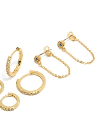 Gold Plated Brass Blue Cubic Zirconia Evil Eye Chain & Huggie Earrings 4-Pack
