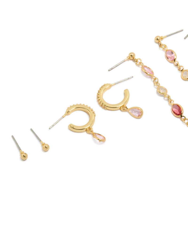 Gold Plated Brass Multicoloured Diamantes  Drop & Stud Earrings 4-Pack