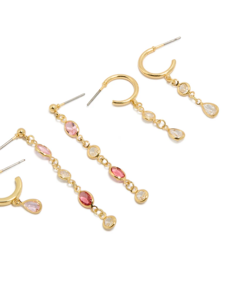 Gold Plated Brass Multicoloured Diamantes  Drop & Stud Earrings 4-Pack