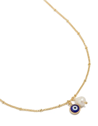 Collier pendentif en laiton plaqué or perle et œil maléfique