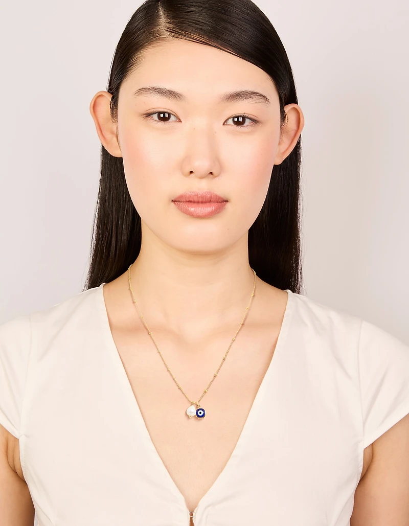 Gold Plated Brass Pearl & Evil Eye Pendant Necklace