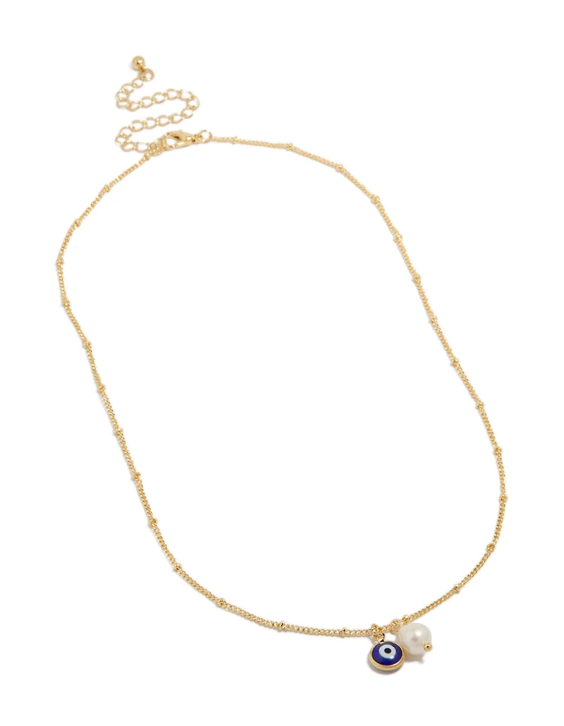 Gold Plated Brass Pearl & Evil Eye Pendant Necklace