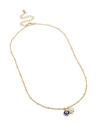 Gold Plated Brass Pearl & Evil Eye Pendant Necklace
