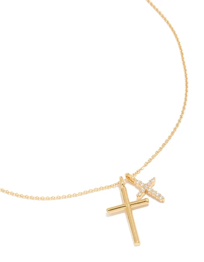 Gold Plated Brass Double Cubic Zirconia Cross Necklace
