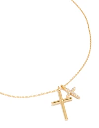 Gold Plated Brass Double Cubic Zirconia Cross Necklace