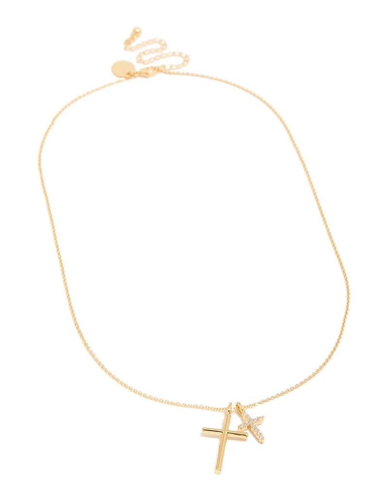 Gold Plated Brass Double Cubic Zirconia Cross Necklace