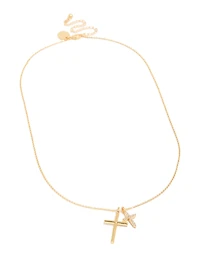 Gold Plated Brass Double Cubic Zirconia Cross Necklace