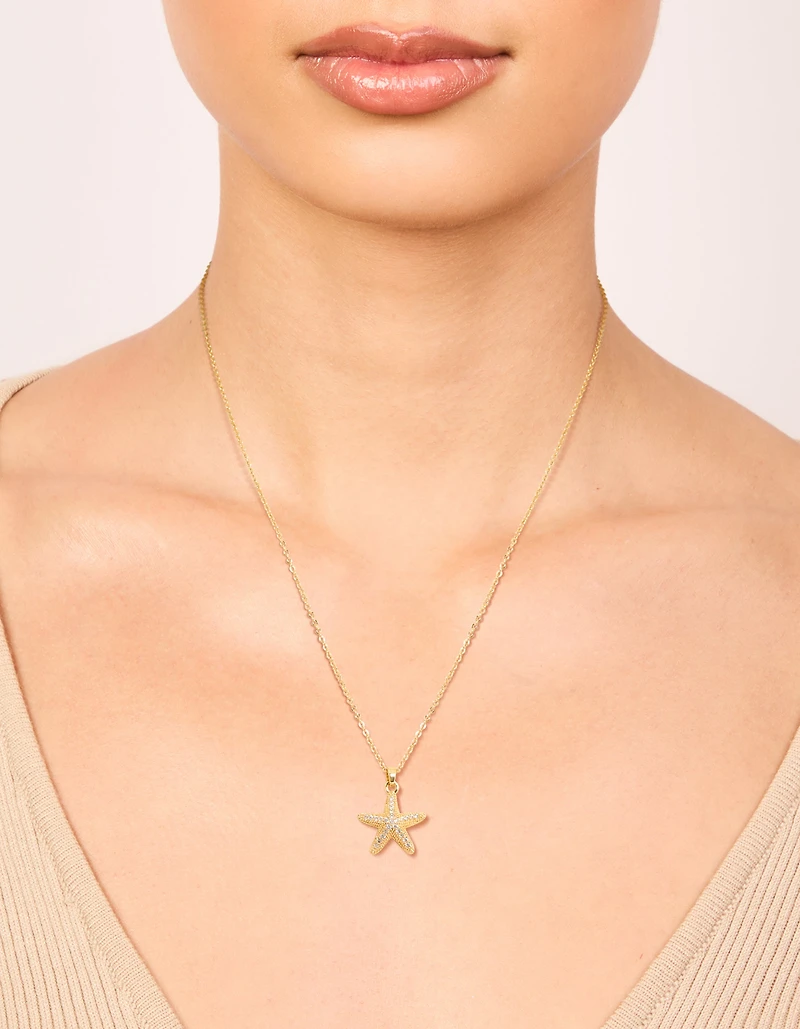 Collier pendentif en étoile de mer cubique en zircone en laiton plaqué or